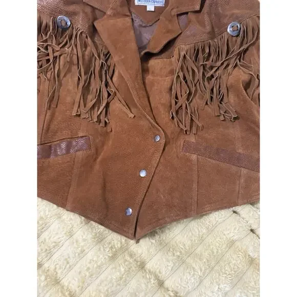 Women’s Vintage 80’s Fringe Leather Jacket Brown Western Express Size Large - Picture 6 of 16